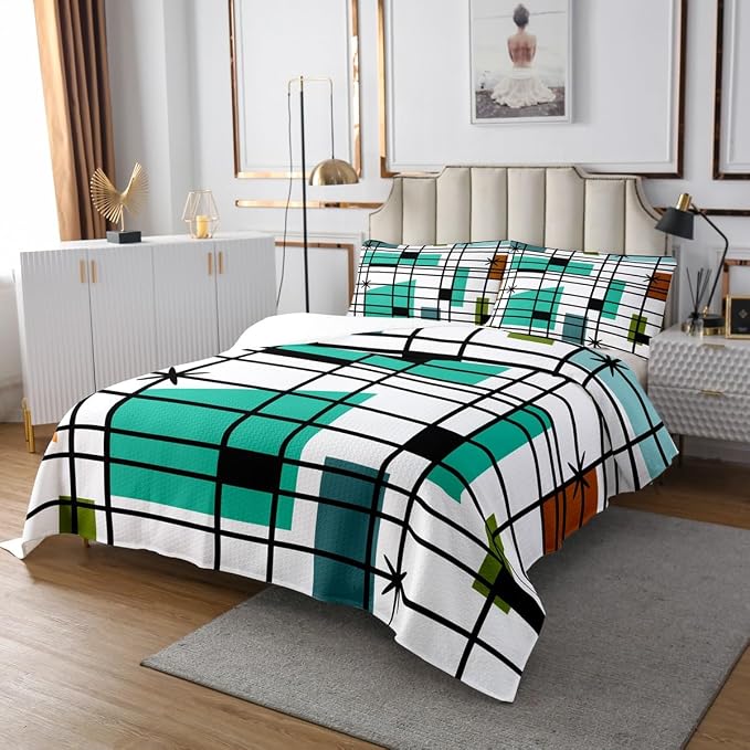 Erosebridal Retro Atomic Bedspread Queen Size White Turqoise Black Quilt Set, Geometric Lines Stripes Coverlet Set Mid Century Minimalist Bedding Set, Fifties Old Fashion Bed Cover Microfiber 3pcs