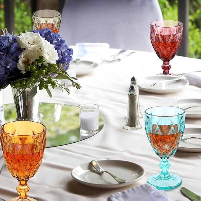 Set of 12 Vintage Glass Goblets Bulk 10 oz Multi Colored Stemware Wine Glasses Crystal Stemmed Drinking Glasses Cups Diamond Pattern Glassware Set for Party Wedding Bar Water Juice Beverage 6 Colors