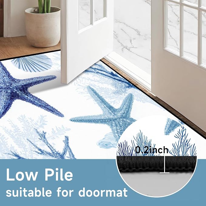 Coastal Starfish Rug 4'x6' Blue Ocean Area Rug Coral Seashell Floor Mat Washable Low Pile Carpet for Bedroom Living Room Kitchen Nursery Playroom Home Decor
