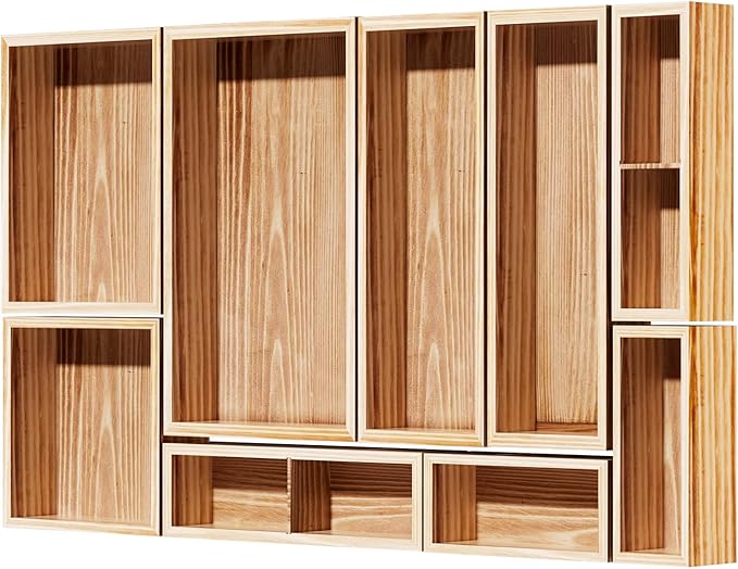 9-Pack Solid Wood Drawer Organizer, Modular Junk Drawer Organizer with Non-Slip Pad, Multi-Use Storage for Kitchen Office Bedroom Dresser for Utensil Stationery Makeup Stationery Tea & Coffee Pod