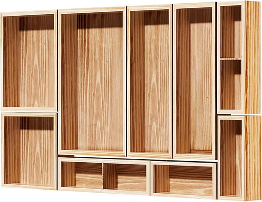 9-Pack Solid Wood Drawer Organizer, Modular Junk Drawer Organizer with Non-Slip Pad, Multi-Use Storage for Kitchen Office Bedroom Dresser for Utensil Stationery Makeup Stationery Tea & Coffee Pod