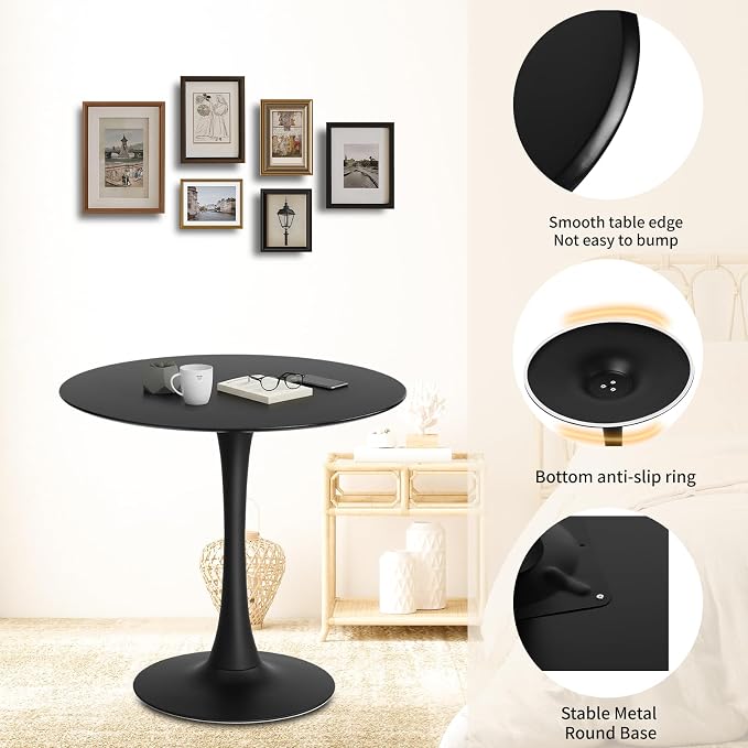 32" Black Round Dining Table, Mid-Century Modern Tulip Circle Kitchen Table with Thickened Top & Sturdy Pedestal Base, Small Round Bistro Table for 4 People, Space-Saving, Easy Assembly