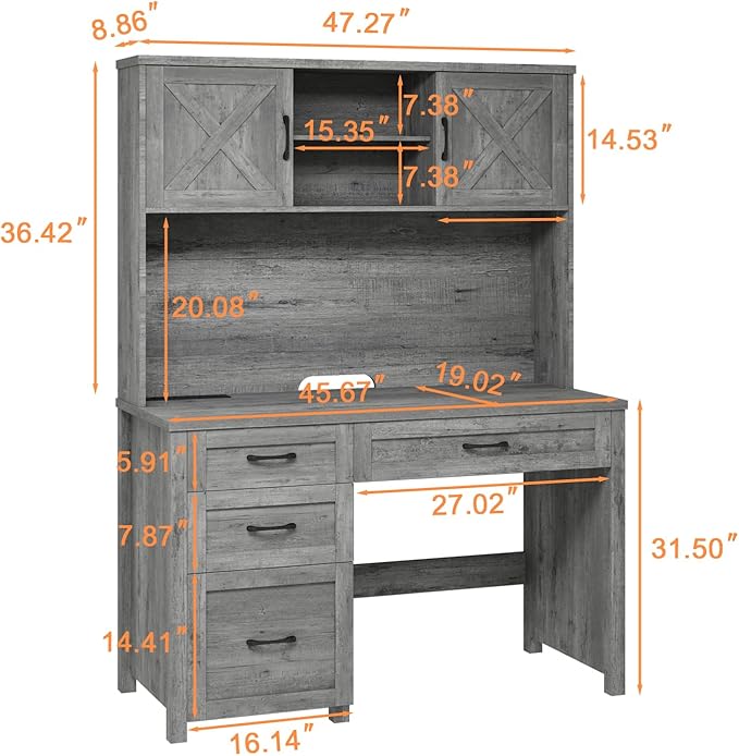 Farmhouse 67" H Executive Desk with Hutch,Office Desk with 4 Drawers and LED light, Computer Table with Storage Cabinet & File Drawers and Charging Station, Wood Workstation for Home Office and Study
