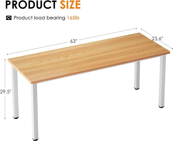Need 63 Inch Large Computer Desk - Modern Simple Style Home Office Gaming Desk, Basic Writing Table for Study Student, Work from Home Table, Large Legroom, White Metal Frame, Teak