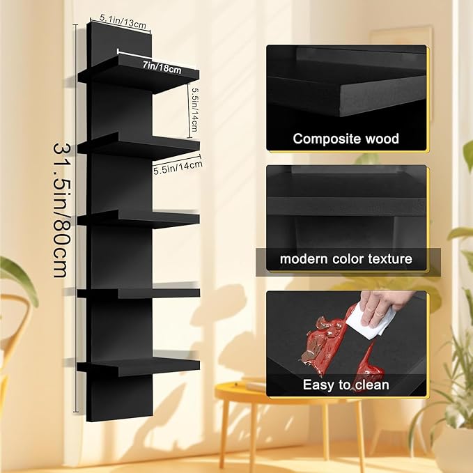 YEXEXINM 5 Tier Black Wall Shelf Unit 2 Pack, Compact Narrow Smooth Laminate Finish - Vertical Column Wall Decor Mount Floating Storage Home Decor Organizer Tall Tower Utility Shelf