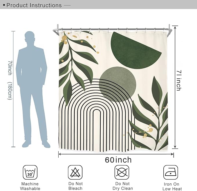 Miyotaa Abstract Sage Green Minimalist Shower Curtain Set 60Wx71H Inches Geometric Aesthetic Modern Mid Century Neutral Contemporary Plant Leaves Waterproof Bathroom Curtain with 12 Hooks