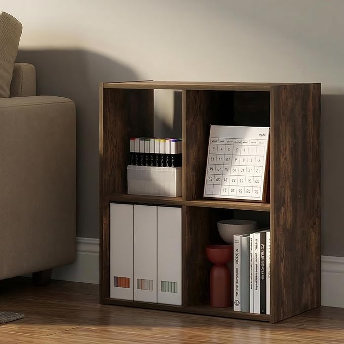 Furinno PELLI Book Shelf, 4-Cube Bookshelf with Open & Closed Back Cubes, 2 x 2 Storage Organizer Cabinet, 11.6 x 24.2 x 24.2, for Living Room, Bedroom, Home Office, Amber Pine