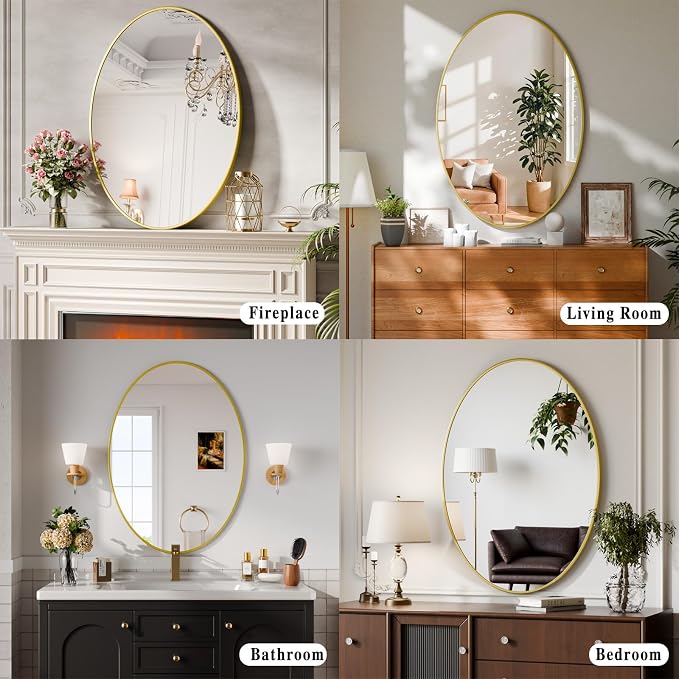 26"x38" Oval Bathroom Mirror with Gold Metal Frame - Oval Wall Mirror Hanging or Leaning Vertical or Horizontal for Bedroom, Living Room, Entryway