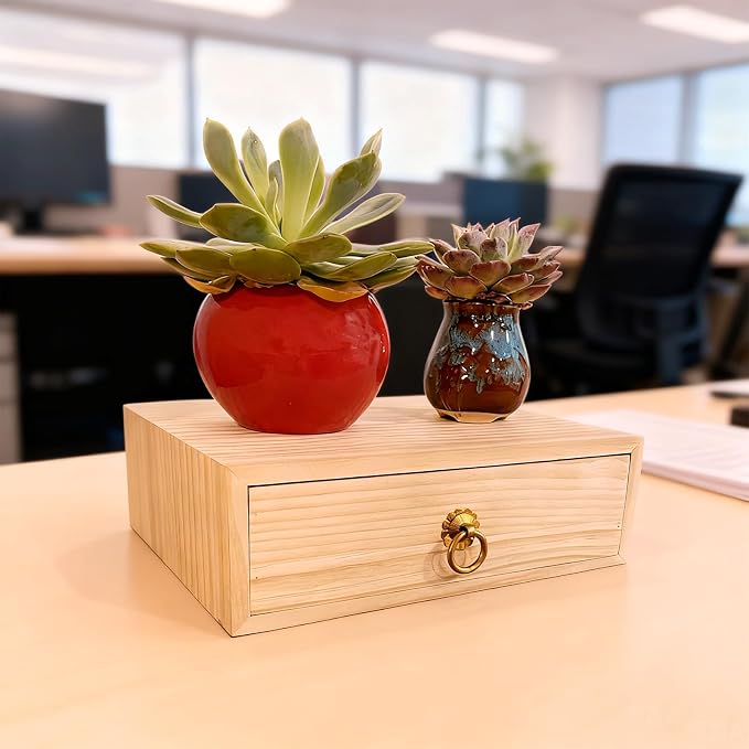 Natural Wooden Storage Box Desk Drawer Single Wood Cabinet Organizer Drawer Tabletop Storage Organization Box with Metal Handle for Desk Home Office Counter Craft Decor (1 Drawer)