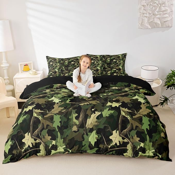 Erosebridal Tree Branches Duvet Cover Set Natural Green Wild Branch Queen Bedding Sets for Teenage Boys | Camo Tree Tropical Jungle Comforter Cover Hunting Farmhouse Bed Sets, Room Decor Aesthetic