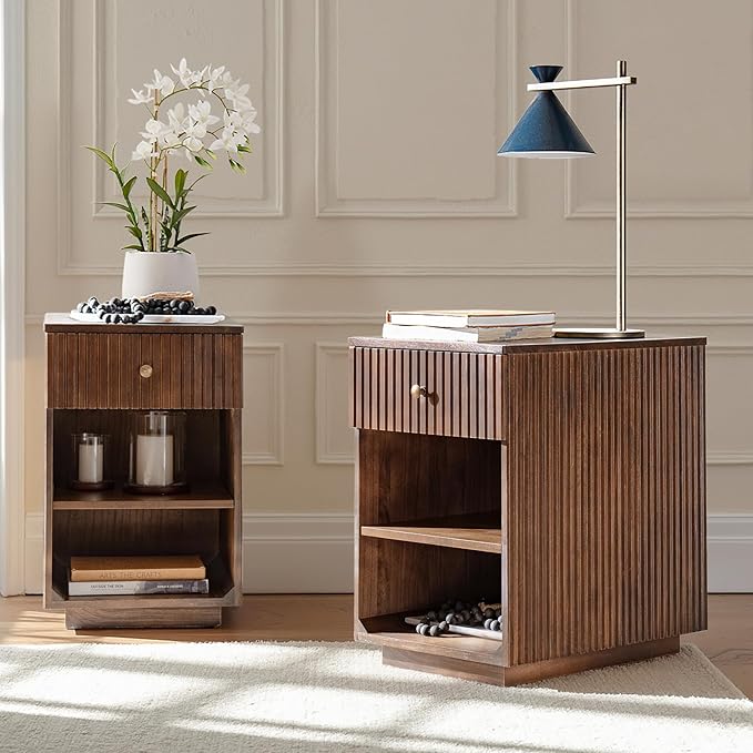 HULALA HOME Mid-Century Modern End Table with Drawer and Open Shelves, Solid Paulownia Wood Side Table, Brass Knob, No Assembly Required(Set of 2, Walnut)
