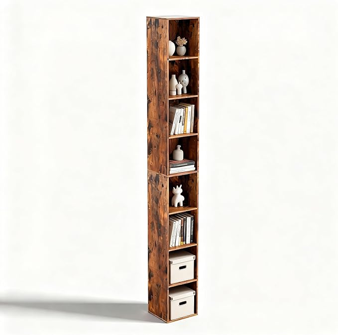 8-Cube Storage Organizer Bookcase, White, Tall Narrow Bookshelf for Home Office (Retro Brown)