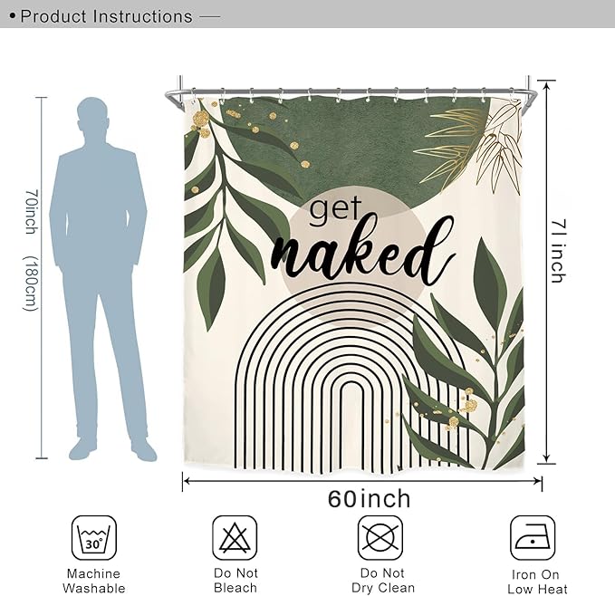 Miyotaa Abstract Minimalist Sage Green Shower Curtain Set 60Wx71H Inches Get Naked Aesthetic Modern Geometric Neutral Contemporary Plant Leaves Waterproof Bathroom Curtain with 12 Hooks