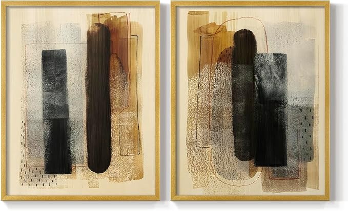 Renditions Gallery Set of 2 Peel & Stick Framed Prints, Pattern Abstract Wall Art, Burnt Toast Pattern Wall Decor, Re-Stickable - Ready to Hang - 16"x20" - GOLD Frame LT588