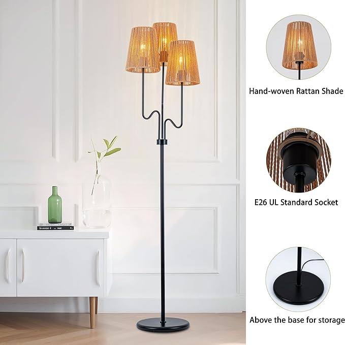 MAYNA Bohemian Floor Lamp, 68 in. Rattan Floor Lamp with Rattan Shade, 3-Light Tree-Shaped Stand Lamp for Bedroom, Nursery, E26 Socket, Living Room(Black)
