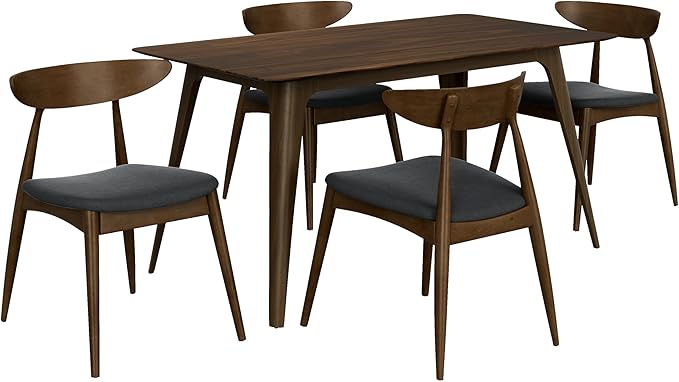 Mid-Century Modern Rectangular Dining Table with 4 Chairs, Solid Rubberwood Frame, Charcoal and Walnut Finish, Fabric Seats with Polyurethane Foam Filler, 4-Leg Base