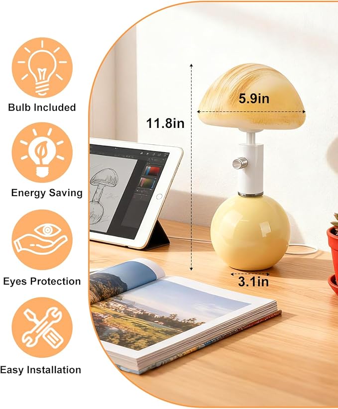 Lightdot Mushroom Lamp Table Lamp for Bedroom, Small Ceramic Bedside Table Lamps for Living Room Night Stands, Cute Unique Aesthetic Modern Mid Century Desk Lamp for Home Decor