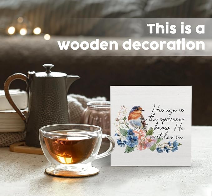 His Eye Is on the Sparrow Birds Decor Sign - Christian Scripture Religious Bird Office Home Shelf Desk Decor,Bible Verse Religious Wooden Box Sign,Christian Bird Gifts For Women