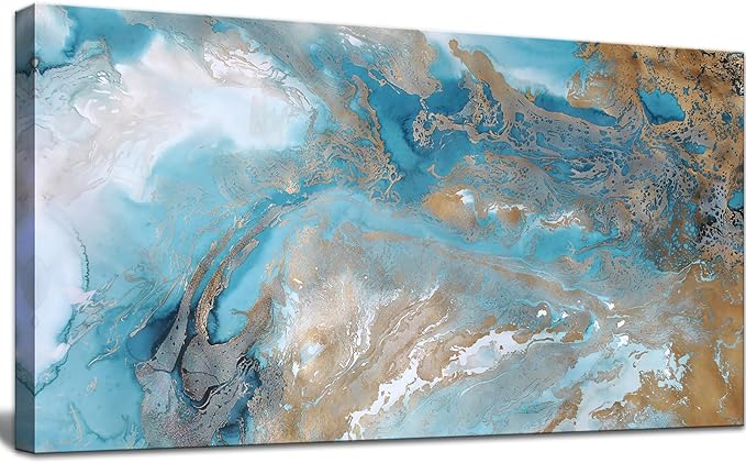 Blue Abstract Canvas Wall Art Paintings for Living Room Navy and Gold Fluid Marble Wall Modern Artwork Decor for Bedroom Bathroom Office Home 24x48 inch