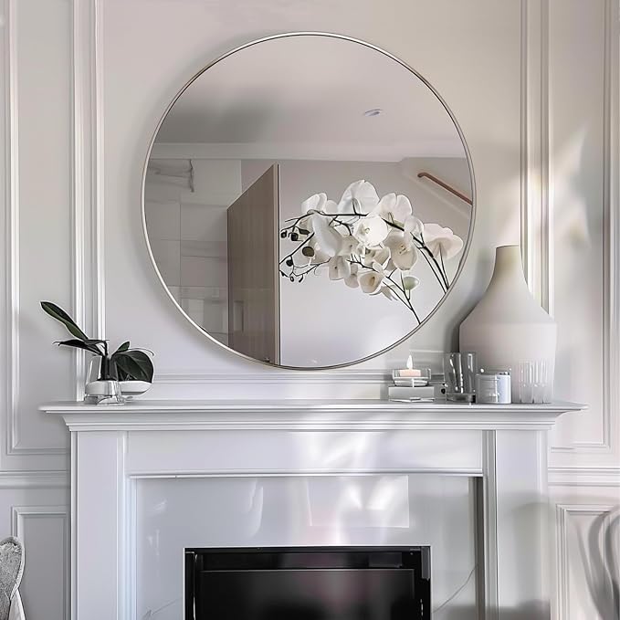 Sunniry Silver Round Mirror 28 inch, Round Bathroom Mirror, Silver Circle Mirrors with Brushed Aluminum Frame, Circle Wall Mirrors for Bathroom, Living Room, Hallway, Bedroom.