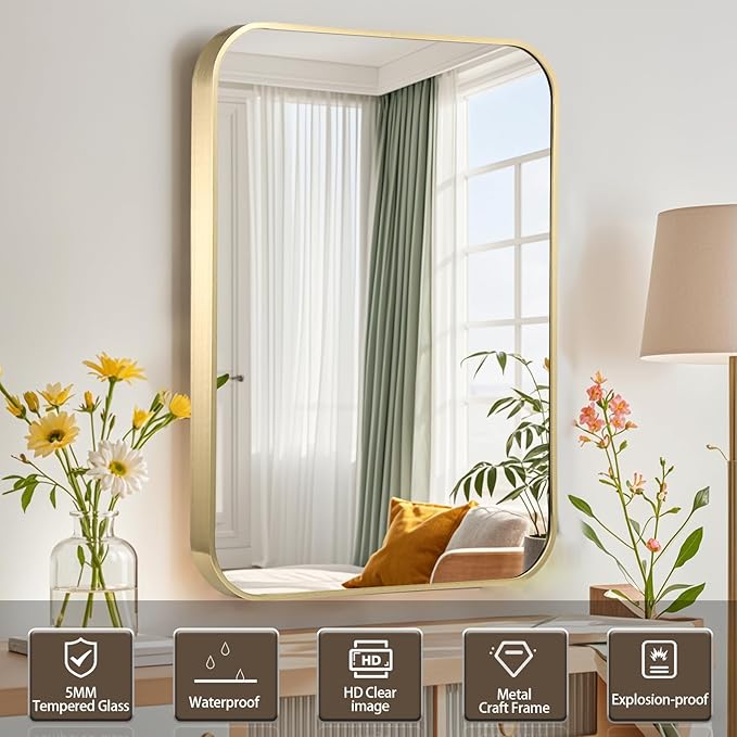 Gold Bathroom Mirror, 24x32 Inch Brushed Gold Mirror, Aluminum Alloy Framed Vanity Mirror, Rounded Rectangle Bathroom Mirror for Over Sink, Anti-Rust Wall Mirror (Horizontally or Vertically)
