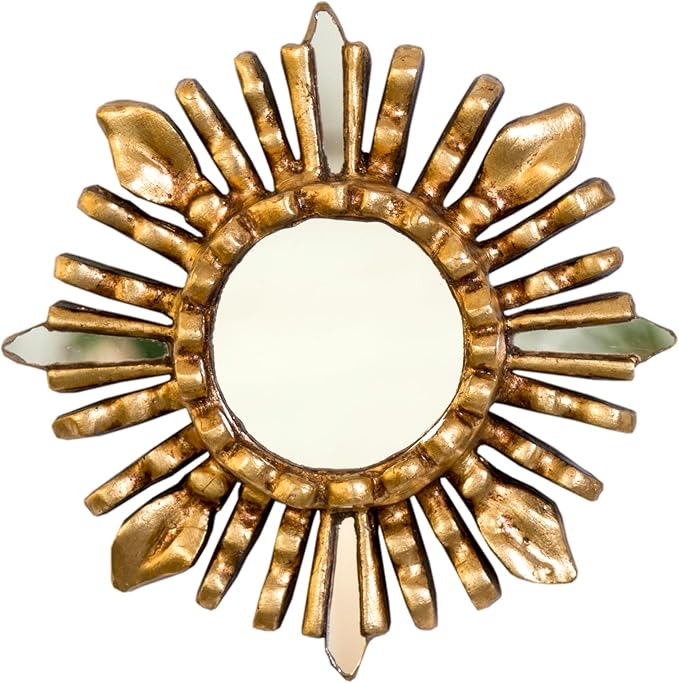 Small Peruvian Sunburst Mirror 6" | Hand-Carved Mohena Wood & Bronze Leaf | Vintage Gold Accent Wall Decor for Boho & Home Entryway (Gold)