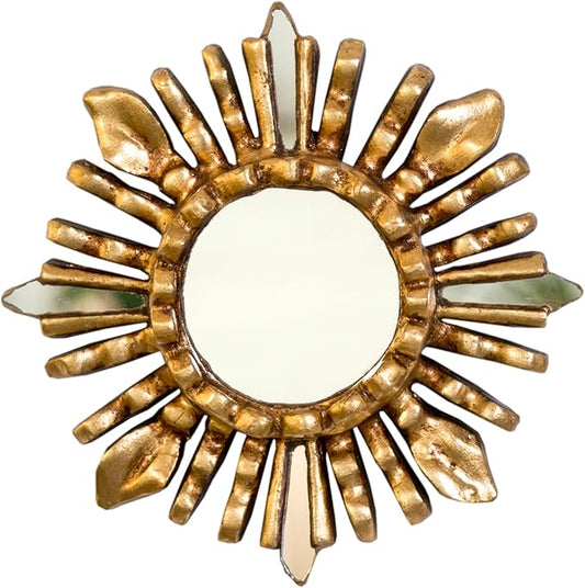 Small Peruvian Sunburst Mirror 6" | Hand-Carved Mohena Wood & Bronze Leaf | Vintage Gold Accent Wall Decor for Boho & Home Entryway (Gold)