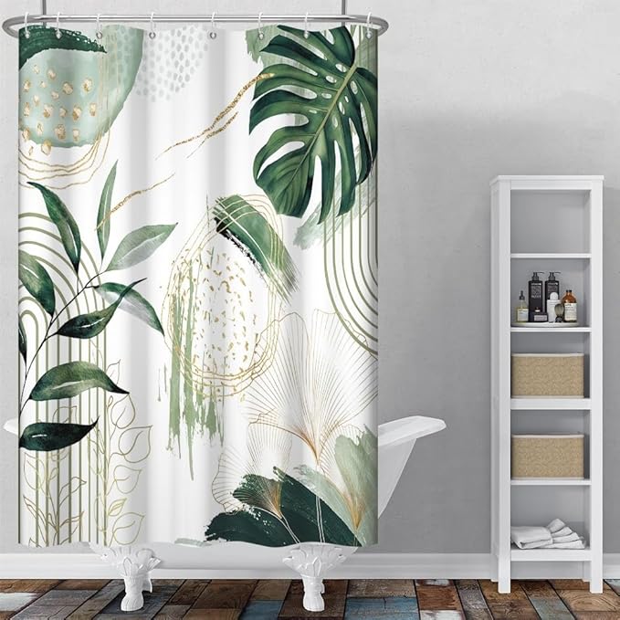 Modern Boho Shower Curtain Green Gold Tropical Palm Leaf Abstract Geometric Minimalist Aesthetic Bathroom Decor Watercolor Plant Bath Curtain Washable Waterproof Polyester Fabric with Hooks 36x72 Inch