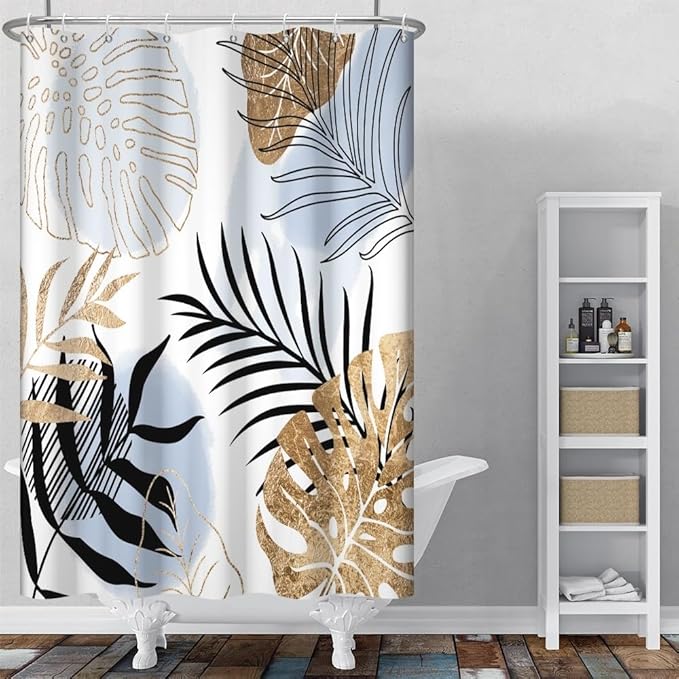 Modern Boho Shower Curtain Blue Gold Palm Leaves Abstract Aesthetic Bathroom Decor Gorgeous Watercolor Botanical Theme Bohemian Bath Curtains Washable Waterproof Polyester Fabric with Hooks 36x72 Inch