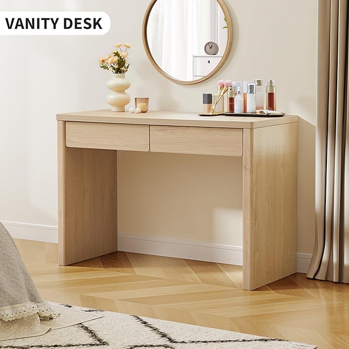 43 Inch Small Computer Desk with 2 Drawers, Mid Century Modern Writing Study Table for Home Office, Vintage PC Work Desk with Storage for Bedroom Small Spaces, Easy Assembly, MDF - Natural
