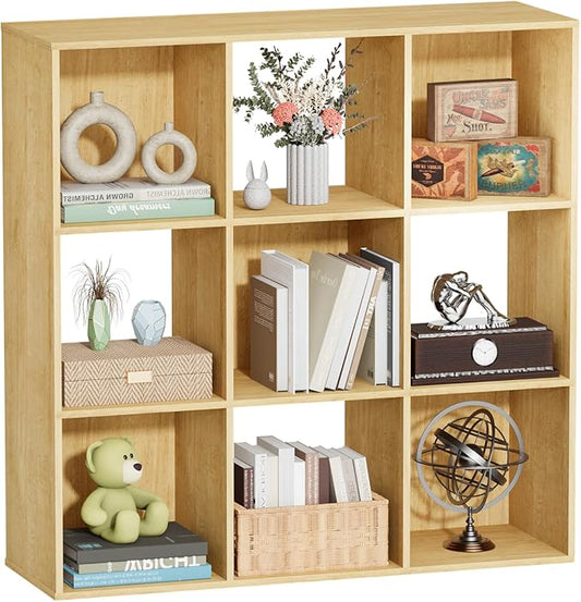 9 Cube Storage Organizer, Free Standing Display Shelf with Open Cubes, Floor Standing Book Shelf Bookcase with Storage for Home Office, Living Room, Bed Room (Oak, 9-Cube)
