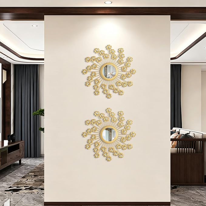2 Pack Metal Mirrors for Wall Boho Sunburst Wall Mirror Home Decor Modern Decorative Wall Art for Bedroom Living Room Entryway