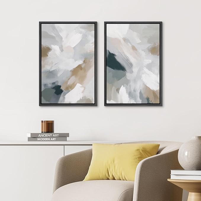 IDEA4WALL Framed Canvas Print Wall Art Set Neutral Brushstroke Abstract Modern Minimalist Illustrations Modern Art Decorative Bohemian Calm/Zen for Living Room, Bedroom, Office - 16"x24"x2 Black