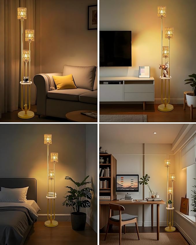 Lightdot Dimmable Boho Floor Lamps for Living Room, 3-Lights Rattan Floor Lamp with Shelves, Farmhouse Floor Lamp, Rustic Gold Standing Lamp with Warmwhite Bulbs Included for Sofa Beside/Corner Decor