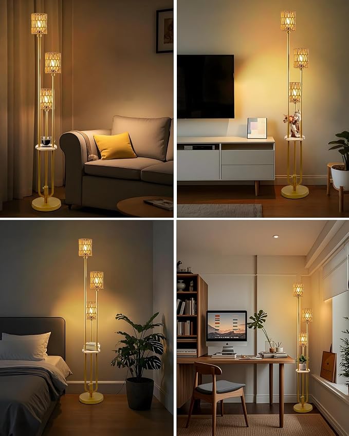 Lightdot Dimmable Boho Floor Lamps with Table 3-Lights Farmhouse Floor Lamp 3000K Warmwhite Bulbs Included Rustic Gold Standing Lamp with 5Lbs Heavy Base for Living Room/Sofa Beside/Corner Decor