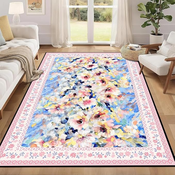 Floral Oil Painting Area Rug Watercolor Flower Print Rugs for Entryway Bedroom Living Room Nursery Kitchen Playroom Home Decor Washable Low Pile Floor Mat Carpet,6'x9'