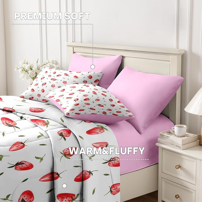 7Pcs Comforter Set Full Size, Cute Red Strawberry Fruit, Bedding Decor Pink Strawberries Party Girly Bedroom Bed Set with Flat Sheet Fitted Sheet Pillowcases Shams for Kids and Adults