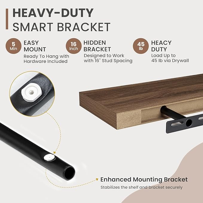 48 Inch Floating Shelves, 8 Inch Deep Floating Shelves for Wall, Hanging Shelf with Invisible Brackets, Deep Shelves for Bathroom, Bedroom, Living Room, Walnut, Set of 2