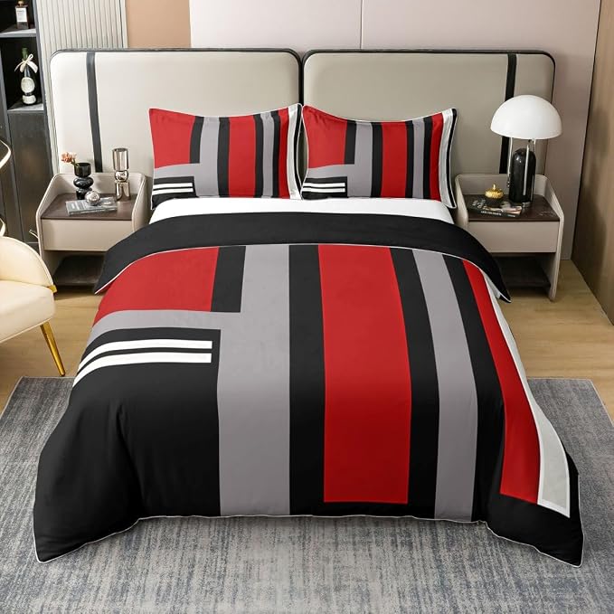 Erosebridal Red Grey Black Bedding Set Full Abstract Geometric 100% Cotton Duvet Cover Minimalist Striped Comforter Cover for Kids Teens Adults Aesthetics Art Modern Bed Set 3 Pcs