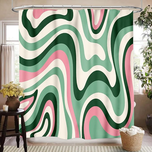 70s Swirl Shower Curtain for Bathroom, Retro Hippie Groovy Green Abstract Wave Funky Trippy Vintage Boho Aesthetic Waterproof Fabric Shower Curtain Set with Hooks, 72"x72"