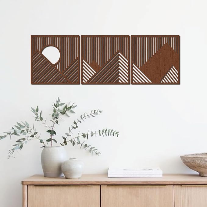 CREATCABIN 3Pcs Wood Line Wall Decor Wooden Geometric Wall Art Decoration Hanging Set Hollowing Out Artwork Modern Mountains Sculpture Laser Cut Wooden Sign Ornament for Home Bedroom 11x11Inch-Coffee