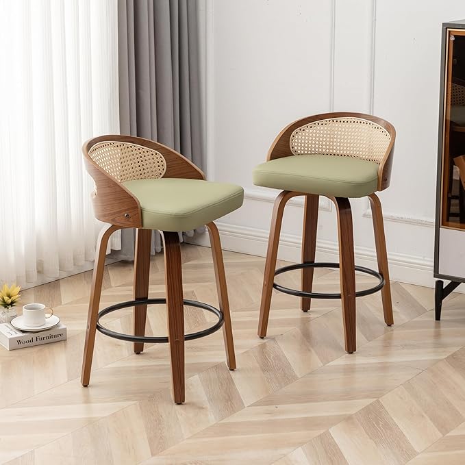 30" Swivel Rattan Bar Stools Set of 3 Mid-Century Modern Faux Leather Upholstered Bar Height Stools Kitchen Island Barstool with Rattan Low Backrest,Walnut Wood Finish Bar Chairs,Green PU