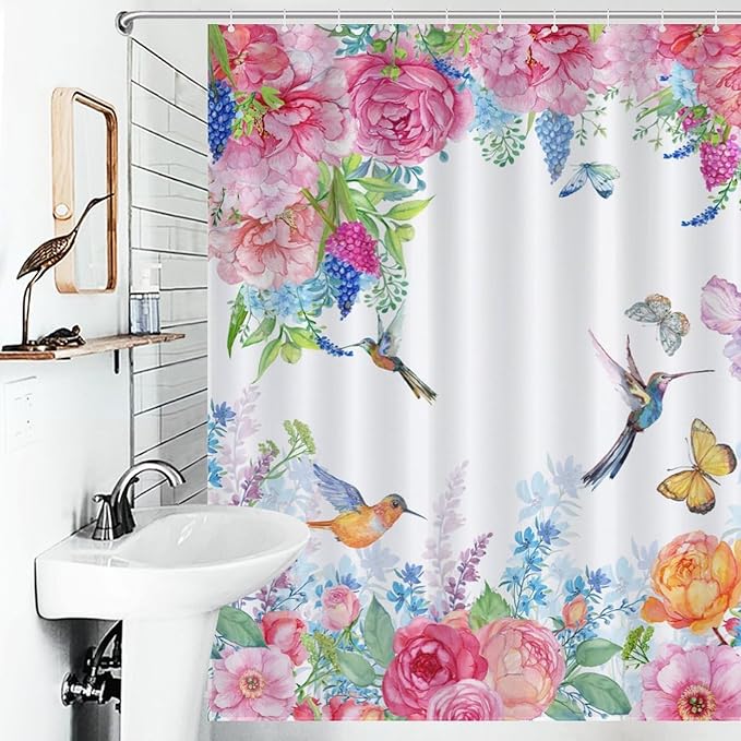 Hummingbird Butterfly Floral Shower Curtain, Spring Watercolor Flowers Blossom Floral Plant Nature Waterproof Shower Curtains for Bathroom Decor 12 Pack Hooks 66x72in（168x183cm）
