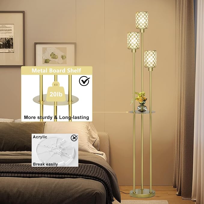 Gold Floor Lamps for Living Room, Standing Floor Lamp with shelves, Tall Lamp with Table, Modern Mid Century Floor Lamp with E26 Base, Coner Crystal Floor Light for Bedroom (Without Bulb) (Gold)
