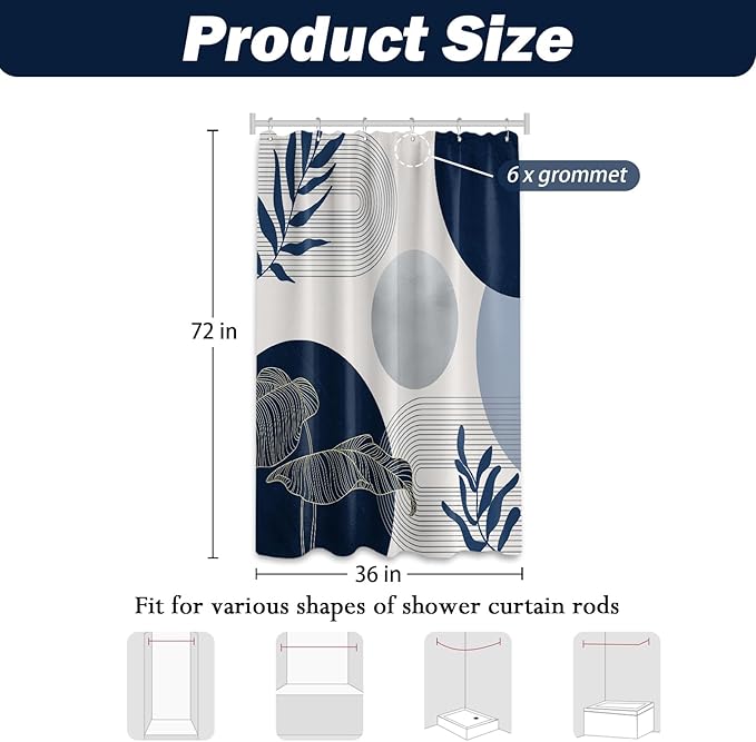Navy Blue and White Shower Curtain Mid Century Modern Dark Blue Boho Shower Curtains for Bathroom Decor MCM Mens Cool Bath Curtain Set, Waterproof Fabric with Hooks 36 x 72 Inch