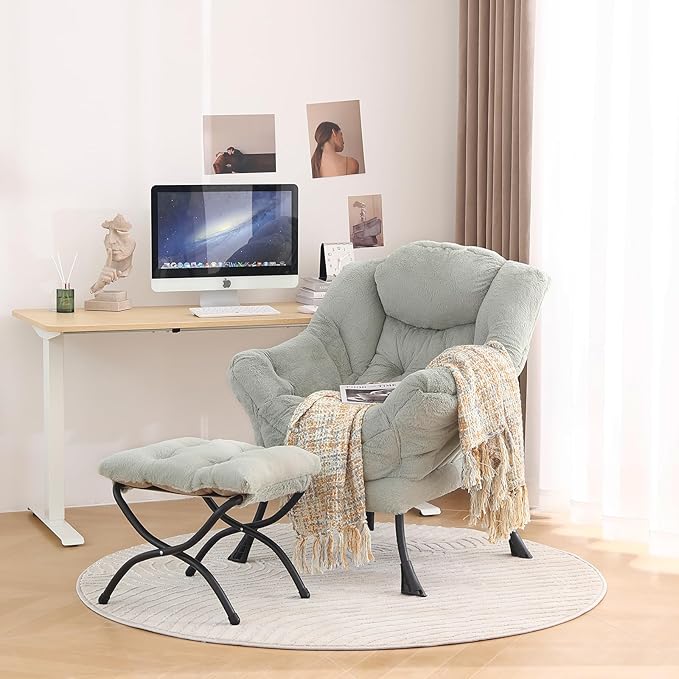 Tiita Lazy Chair with Ottoman, Green Modern Large Accent Chair, Comfy Leisure Sofa Armchair with Ottoman, Reading Chair with Footrest for Bedroom, Living Room, Dorm Rooms, Plush Green