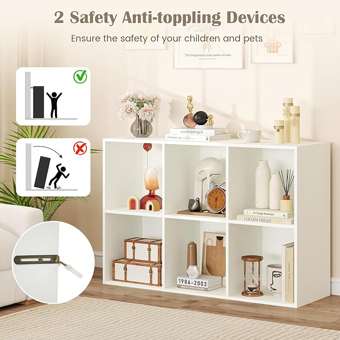 Tangkula 6-Cube Bookcase, Large Floor Standing Horizontal Bookshelf with 6 Open Shelves & 2 Anti-Tipping Kits, Home Office Wooden Storage Book Shelf for Living Room, Study (White, 6-Cube)