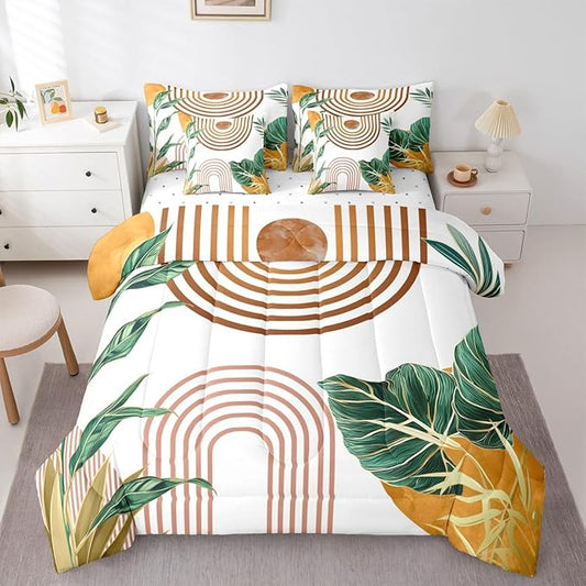 Erosebridal Mid Century Boho Bed in A Bag 7 Pcs Simple Retro Tropical Palm Leaf Comforter Set for Kids Boys Orange Pink Sun Arch Minimalist Bedding Sets Twin Abstract Line Sheet Set with Comforter