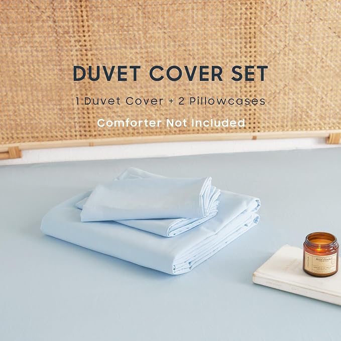 Wake In Cloud - Cotton Duvet Cover Set, 100% Washed Cotton, Linen Like Textured, Breathable Durable Comfy Farmhouse Neutral Bedding Set, 3 Pieces, Sky Blue, Twin/Twin XL Size