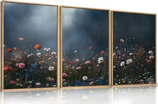 LHIUEM Large Nature Moody Floral Framed Canvas Wall Art,Abstract Dark Wall Decor,Wildflower Botanical Landscape Wall Painting,Picture Artwork for Living Room,Bedroom,Dining Room,Office -16"x24"x3